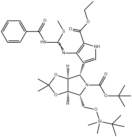 5H-1,3-Dioxolo4,5-cpyrrole-5-carboxylic acid, 4-4-(benzoylamino)(methylthio)methyleneamino-5-(ethoxycarbonyl)-1H-pyrrol-3-yl-6-(1,1-dimethylethyl)dimethylsilyloxymethyltetrahydro-2,2-dimethyl-, 1,1-dimethylethyl ester, (3aS,4S,6R,6aR)- Struktur