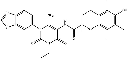 2H-1-Benzopyran-2-carboxamide,  N-[6-amino-1-(6-benzothiazolyl)-3-ethyl-1,2,3,4-tetrahydro-2,4-dioxo-5-pyrimidinyl]-3,4-dihydro-6-hydroxy-2,5,7,8- Struktur