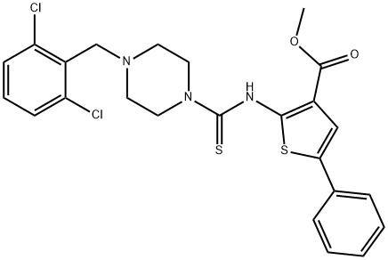 methyl 2-(4-(2,6-dichlorobenzyl)piperazine-1-carbothioamido)-5-phenylthiophene-3-carboxylate Struktur