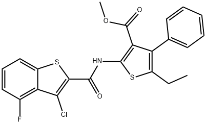 methyl 2-(3-chloro-4-fluorobenzo[b]thiophene-2-carboxamido)-5-ethyl-4-phenylthiophene-3-carboxylate Struktur