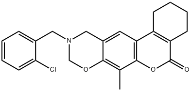 10-[(2-chlorophenyl)methyl]-7-methyl-1,2,3,4,9,11-hexahydroisochromeno[4,3-g][1,3]benzoxazin-5-one Struktur