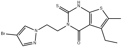 3-[2-(4-bromopyrazol-1-yl)ethyl]-5-ethyl-6-methyl-2-sulfanylidene-1H-thieno[2,3-d]pyrimidin-4-one Struktur