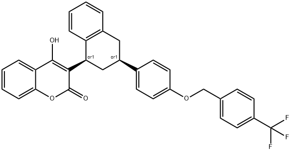 2H-1-Benzopyran-2-one, 4-hydroxy-3-[(1R,3S)-1,2,3,4-tetrahydro-3-[4-[[4-(trifluoromethyl)phenyl]methoxy]phenyl]-1-naphthalenyl]-, rel- Struktur