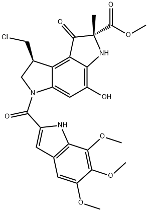 Benzo1,2-b:4,3-bdipyrrole-2-carboxylic acid, 8-(chloromethyl)-1,2,3,6,7,8-hexahydro-4-hydroxy-2-methyl-1-oxo-6-(5,6,7-trimethoxy-1H-indol-2-yl)carbonyl-, methyl ester, (2R,8S)- Struktur