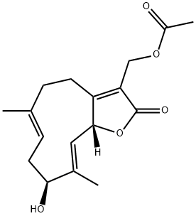 13-Acetoxy-3beta-hydroxygermacra-1(10)E,4E,7(11)-trien-12,6alpha-olide Struktur