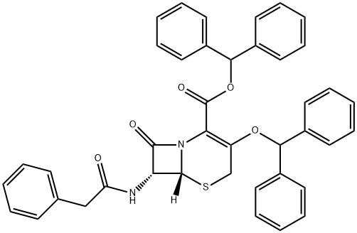 5-Thia-1-azabicyclo[4.2.0]oct-2-ene-2-carboxylic acid, 3-(diphenylmethoxy)-8-oxo-7-[(phenylacetyl)amino]-, diphenylmethyl ester, (6R-trans)- (9CI) Struktur