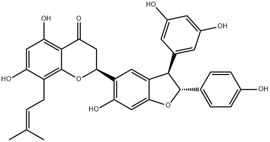 (2S)-5,7-Dihydroxy-2,3-dihydro-2α-[[(2R)-2β-(4-hydroxyphenyl)-3α-(3,5-dihydroxyphenyl)-6-hydroxy-2,3-dihydrobenzofuran]-5-yl]-8-(3-methyl-2-butenyl)-4H-1-benzopyran-4-one Struktur