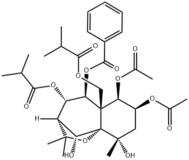 Propanoic acid, 2-methyl-, [(3S,4S,5S,5aS,6R,7S,9S,9aS,10R)-6,7-bis(acetyloxy)-5-(benzoyloxy)octahydro-9,10-dihydroxy-2,2,9-trimethyl-4-(2-methyl-1-oxopropoxy)-5aH-3,9a-methano-1-benzoxepin-5a-yl]methyl ester Struktur