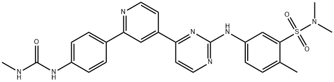 Benzenesulfonamide, N,N,2-trimethyl-5-[[4-[2-[4-[[(methylamino)carbonyl]amino]phenyl]-4-pyridinyl]-2-pyrimidinyl]amino]- Struktur