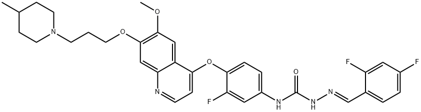 Hydrazinecarboxamide, 2-[(2,4-difluorophenyl)methylene]-N-[3-fluoro-4-[[6-methoxy-7-[3-(4-methyl-1-piperidinyl)propoxy]-4-quinolinyl]oxy]phenyl]-, (2E)- Struktur