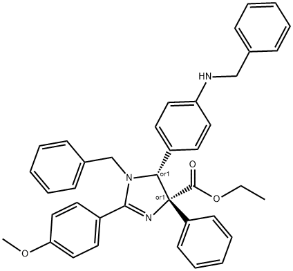 1H-Imidazole-4-carboxylic acid, 4,5-dihydro-2-(4-methoxyphenyl)-4-phenyl-1-(phenylmethyl)-5-[4-[(phenylmethyl)amino]phenyl]-, ethyl ester, (4R,5R)-rel- Struktur