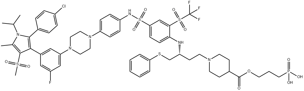 4-Piperidinecarboxylic acid, 1-[(3R)-3-[[4-[[[4-[4-[3-[2-(4-chlorophenyl)-5-methyl-1-(1-methylethyl)-4-(methylsulfonyl)-1H-pyrrol-3-yl]-5-fluorophenyl]-1-piperazinyl]phenyl]amino]sulfonyl]-2-[(trifluoromethyl)sulfonyl]phenyl]amino]-4-(phenylthio)butyl]-, 3-phosphonopropyl ester Struktur