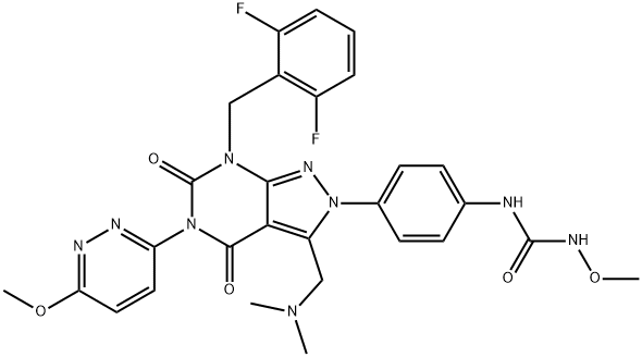 Urea, N-[4-[7-[(2,6-difluorophenyl)methyl]-3-[(dimethylamino)methyl]-4,5,6,7-tetrahydro-5-(6-methoxy-3-pyridazinyl)-4,6-dioxo-2H-pyrazolo[3,4-d]pyrimidin-2-yl]phenyl]-N'-methoxy- Struktur