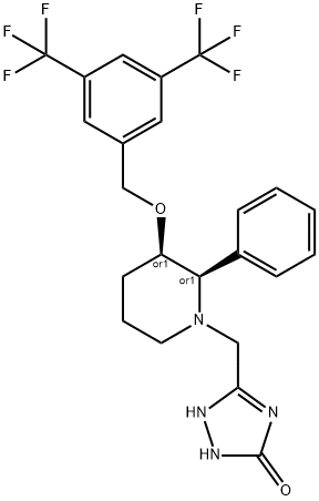 3H-1,2,4-Triazol-3-one, 5-[[(2R,3R)-3-[[3,5-bis(trifluoromethyl)phenyl]methoxy]-2-phenyl-1-piperidinyl]methyl]-1,2-dihydro-, rel- Struktur