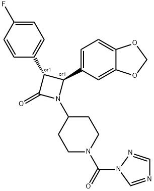 (3R,4S)-rel-4-(1,3-Benzodioxol-5-yl)-3-(4-fluorophenyl)-1-[1-(1H)-1,2,4-triazol-1-carbonyl)-4-piperidinyl]-2-azetidinone Struktur