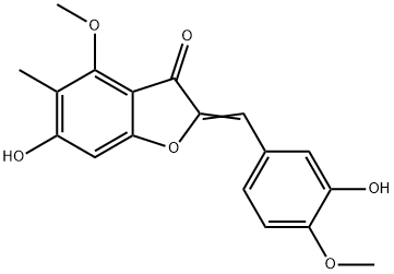 3(2H)-Benzofuranone, 6-hydroxy-2-[(3-hydroxy-4-methoxyphenyl)methylene]-4-methoxy-5-methyl- Struktur