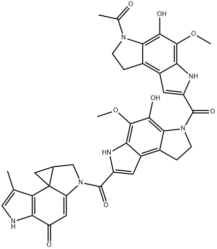 Cyclopropa[c]pyrrolo[3,2-e]indol-4(5H)-one, 2-[[6-[(6-acetyl-3,6,7,8-tetrahydro-5-hydroxy-4-methoxybenzo[1,2-b:4,3-b']dipyrrol-2-yl)carbonyl]-3,6,7,8-tetrahydro-5-hydroxy-4-methoxybenzo[1,2-b:4,3-b']dipyrrol-2-yl]carbonyl]-1,2,8,8a-tetrahydro-7-methyl- Struktur