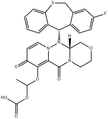 Carbonic acid, [[(12aR)-12-[(11S)-8-fluoro-6,11-dihydrodibenzo[b,e]thiepin-11-yl]-3,4,6,8,12,12a-hexahydro-6,8-dioxo-1H-[1,4]oxazino[3,4-c]pyrido[2,1-f][1,2,4]triazin-7-yl]oxy]methyl methyl ester Struktur