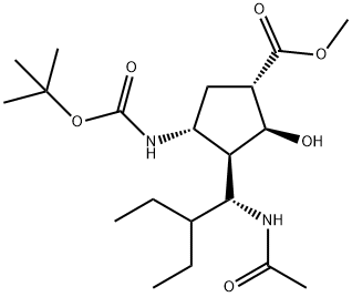 Cyclopentanecarboxylic acid, 3-[(1R)-1-(acetylamino)-2-ethylbutyl]-4-[[(1,1-dimethylethoxy)carbonyl]amino]-2-hydroxy-, methyl ester, (1S,2S,3R,4R)- Struktur