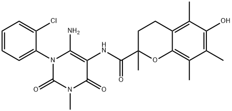 2H-1-Benzopyran-2-carboxamide,  N-[6-amino-1-(2-chlorophenyl)-1,2,3,4-tetrahydro-3-methyl-2,4-dioxo-5-pyrimidinyl]-3,4-dihydro-6-hydroxy-2,5,7,8- Struktur