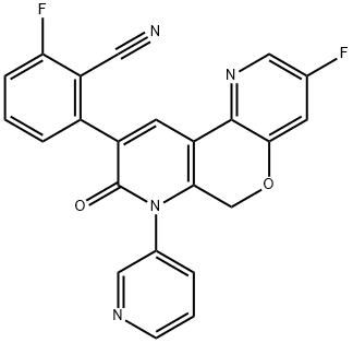 Benzonitrile, 2-fluoro-6-[3-fluoro-7,8-dihydro-8-oxo-7-(3-pyridinyl)-6H-pyrano[3,2-b:5,4-b']dipyridin-9-yl]- Struktur