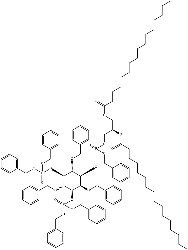 D-myo-Inositol, 2,4,6-tris-O-(phenylmethyl)-, 1-(2R)-2,3-bis(1-oxohexadecyl)oxypropyl phenylmethyl phosphate 3,5-bisbis(phenylmethyl) phosphate Struktur