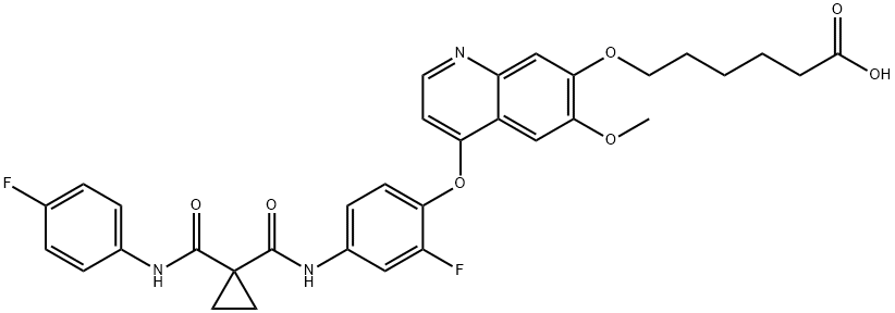 Hexanoic acid, 6-[[4-[2-fluoro-4-[[[1-[[(4-fluorophenyl)amino]carbonyl]cyclopropyl]carbonyl]amino]phenoxy]-6-methoxy-7-quinolinyl]oxy]- Struktur