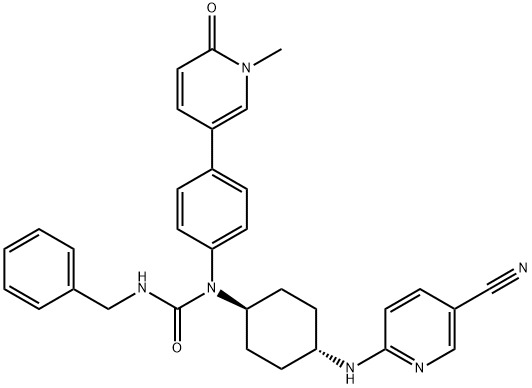 Urea, N-[trans-4-[(5-cyano-2-pyridinyl)amino]cyclohexyl]-N-[4-(1,6-dihydro-1-methyl-6-oxo-3-pyridinyl)phenyl]-N'-(phenylmethyl)- Struktur