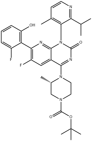 4-[(S)-4-Boc-2-methyl-1-piperazinyl]-6-fluoro-7-(2-fluoro-6-hydroxyphenyl)-1-(2-isopropyl-4-methyl-3-pyridyl)pyrido[2,3-d]pyrimidin-2(1H)-one Struktur