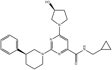 4-Pyrimidinecarboxamide, N-(cyclopropylmethyl)-6-[(3S)-3-hydroxy-1-pyrrolidinyl]-2-[(3S)-3-phenyl-1-piperidinyl]- Struktur