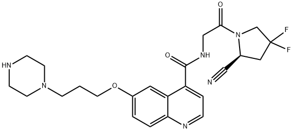 4-Quinolinecarboxamide, N-[2-[(2S)-2-cyano-4,4-difluoro-1-pyrrolidinyl]-2-oxoethyl]-6-[3-(1-piperazinyl)propoxy]- Struktur