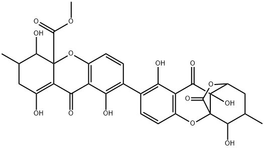 1,4,8-Trihydroxy-2,3,4,9-tetrahydro-3-methyl-7-[4,8,9a-trihydroxy-1,2,3,4,9,9a-hexahydro-3-methyl-9,11-dioxo-1,4a-(epoxymethano)-4aH-xanthen-7-yl]-9-oxo-4aH-xanthene-4a-carboxylic acid methyl ester Struktur