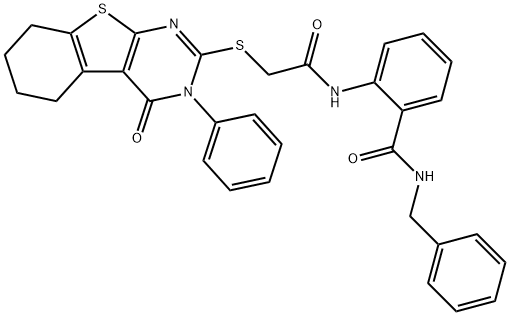 N-benzyl-2-[[2-[(4-oxo-3-phenyl-5,6,7,8-tetrahydro-[1]benzothiolo[2,3-d]pyrimidin-2-yl)sulfanyl]acetyl]amino]benzamide Struktur