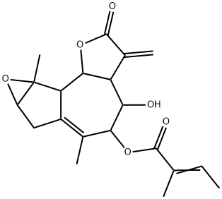 2-Methyl-2-butenoic acid 2,3,3a,4,5,7,7a,8a,8b,8c-decahydro-4-hydroxy-6,8a-dimethyl-3-methylene-2-oxooxireno[2,3]azuleno[4,5-b]furan-5-yl ester Struktur