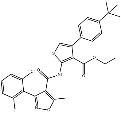 ethyl 4-(4-(tert-butyl)phenyl)-2-(3-(2-chloro-6-fluorophenyl)-5-methylisoxazole-4-carboxamido)thiophene-3-carboxylate Struktur