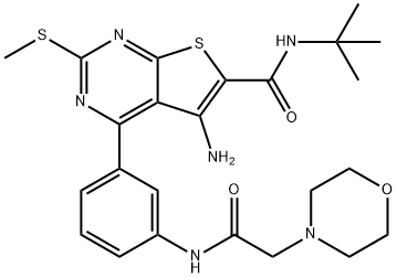 Thieno[2,3-d]pyrimidine-6-carboxamide, 5-amino-N-(1,1-dimethylethyl)-2-(methylthio)-4-[3-[[2-(4-morpholinyl)acetyl]amino]phenyl]- Struktur