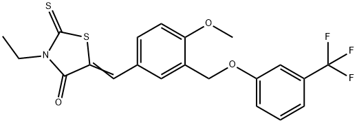 (5Z)-3-ethyl-5-[[4-methoxy-3-[[3-(trifluoromethyl)phenoxy]methyl]phenyl]methylidene]-2-sulfanylidene-1,3-thiazolidin-4-one Struktur