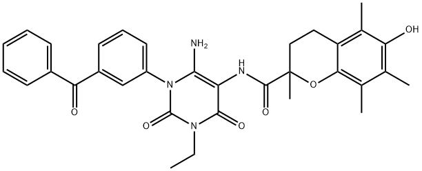 2H-1-Benzopyran-2-carboxamide,  N-[6-amino-1-(3-benzoylphenyl)-3-ethyl-1,2,3,4-tetrahydro-2,4-dioxo-5-pyrimidinyl]-3,4-dihydro-6-hydroxy-2,5,7,8- Struktur