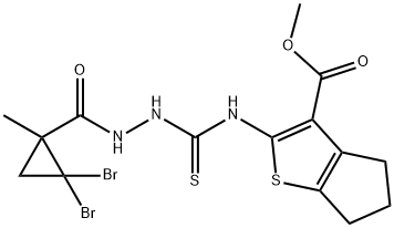 methyl 2-(2-(2,2-dibromo-1-methylcyclopropanecarbonyl)hydrazinecarbothioamido)-5,6-dihydro-4H-cyclopenta[b]thiophene-3-carboxylate Struktur