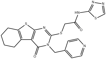 2-[[4-oxo-3-(pyridin-4-ylmethyl)-5,6,7,8-tetrahydro-[1]benzothiolo[2,3-d]pyrimidin-2-yl]sulfanyl]-N-(1,3,4-thiadiazol-2-yl)acetamide Struktur