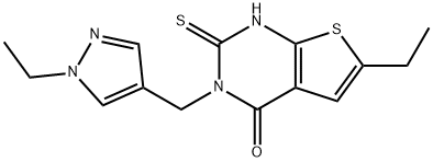 6-ethyl-3-[(1-ethylpyrazol-4-yl)methyl]-2-sulfanylidene-1H-thieno[2,3-d]pyrimidin-4-one Struktur