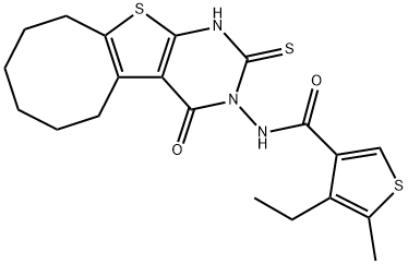 4-ethyl-5-methyl-N-(4-oxo-2-sulfanylidene-5,6,7,8,9,10-hexahydro-1H-cycloocta[2,3]thieno[2,4-b]pyrimidin-3-yl)thiophene-3-carboxamide Struktur