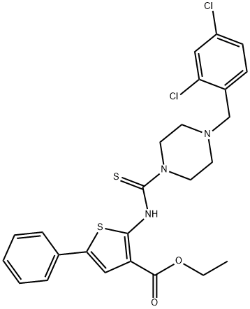 ethyl 2-(4-(2,4-dichlorobenzyl)piperazine-1-carbothioamido)-5-phenylthiophene-3-carboxylate Struktur