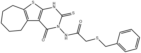 2-benzylsulfanyl-N-(4-oxo-2-sulfanylidene-1,5,6,7,8,9-hexahydrocyclohepta[2,3]thieno[2,4-b]pyrimidin-3-yl)acetamide Struktur