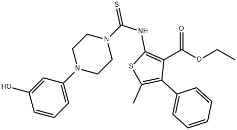 ethyl 2-(4-(3-hydroxyphenyl)piperazine-1-carbothioamido)-5-methyl-4-phenylthiophene-3-carboxylate Struktur