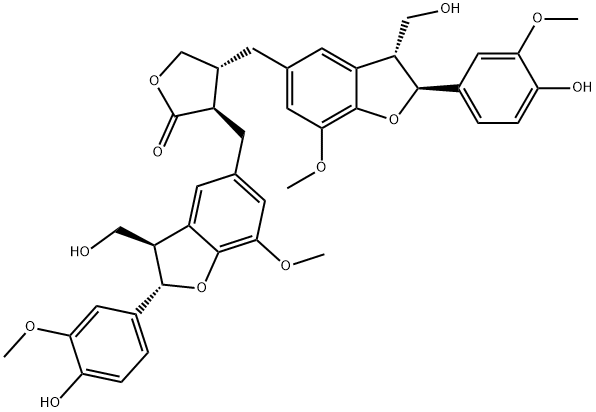 2(3H)-Furanone, 3,4-bis[[(2S,3R)-2,3-dihydro-2-(4-hydroxy-3-methoxyphenyl)-3-(hydroxymethyl)-7-methoxy-5-benzofuranyl]methyl]dihydro-, (3R,4R)- Struktur