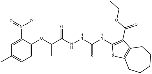 ethyl 2-(2-(2-(4-methyl-2-nitrophenoxy)propanoyl)hydrazinecarbothioamido)-5,6,7,8-tetrahydro-4H-cyclohepta[b]thiophene-3-carboxylate Struktur