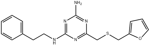 6-(furan-2-ylmethylsulfanylmethyl)-2-N-(2-phenylethyl)-1,3,5-triazine-2,4-diamine Struktur