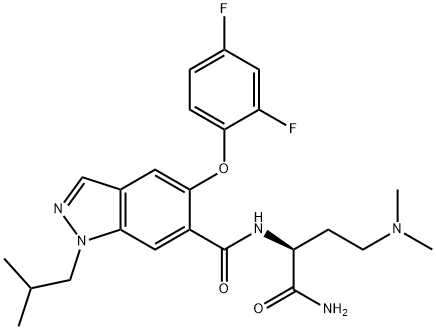 1H-Indazole-6-carboxamide, N-[(1S)-1-(aminocarbonyl)-3-(dimethylamino)propyl]-5-(2,4-difluorophenoxy)-1-(2-methylpropyl)- Struktur