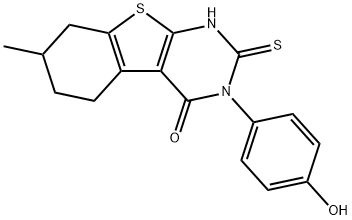 3-(4-hydroxyphenyl)-7-methyl-2-sulfanylidene-5,6,7,8-tetrahydro-1H-[1]benzothiolo[2,3-d]pyrimidin-4-one Struktur